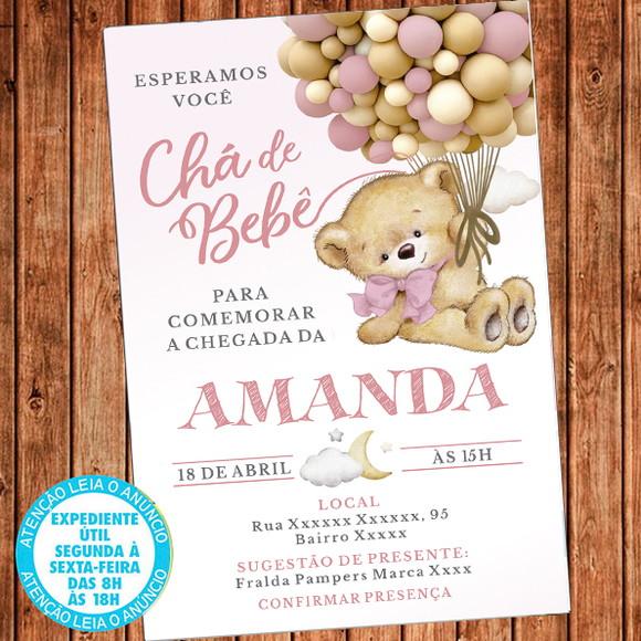 Convite Chá de Bebê Ursinha Balões Digital Chà de Fraldas