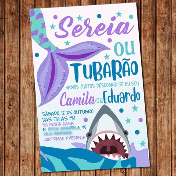 Convite Chá Revelação Sereia e Tubarão Digital