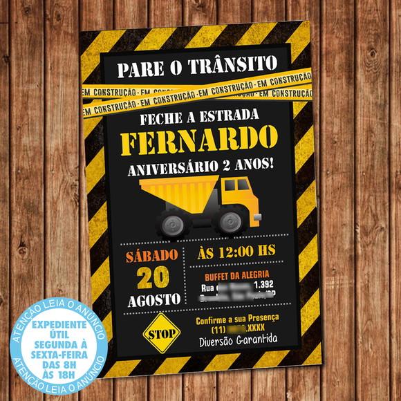 Convite Aniversário Caminhão Construção Obra Digital