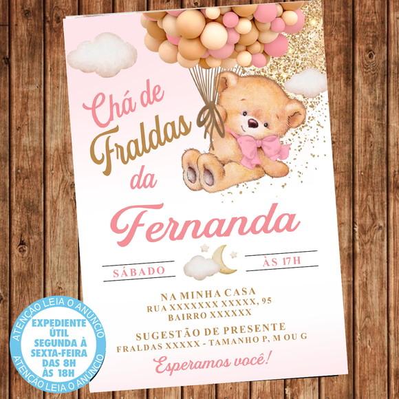 Convite Chá de Fraldas Ursinha Balões Ursa Balão Digital