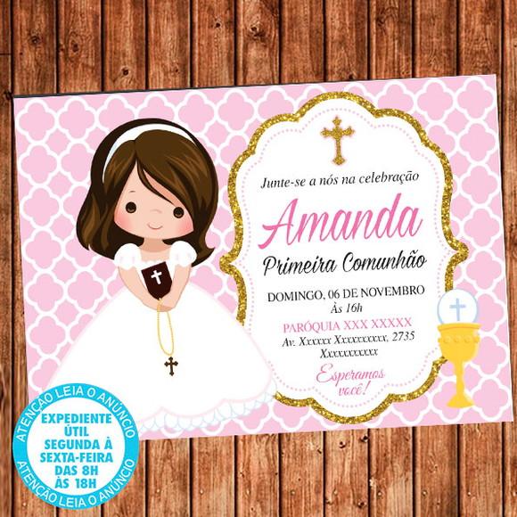 Convite Primeira Comunhão Eucaristia Rosa Digital