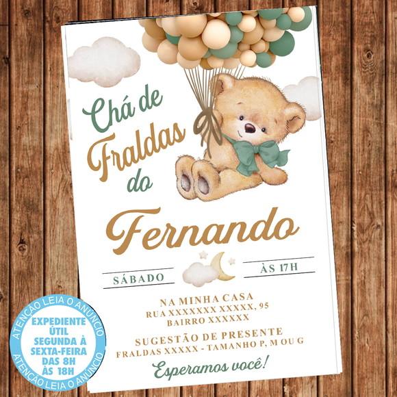 Convite Chá de Fraldas Ursinho Balões Urso Balão Digital