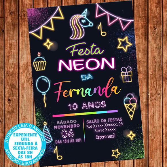 Convite Festa Neon Aniversário Neon Digital