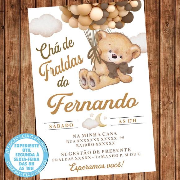 Convite Chá de Fraldas Ursinho Balões Urso Balão Digital