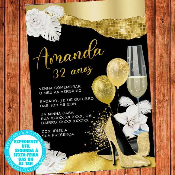 Convite Balões Aniversário Glitter Festa Dourado