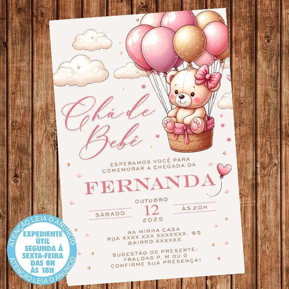 Convite Chá de Bebê Ursinha Balão Rosa Chá Fralda Digital