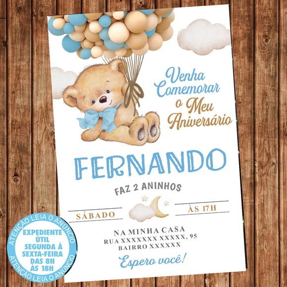 Convite Aniversário Ursinho Balões Urso Balão Festa Digital