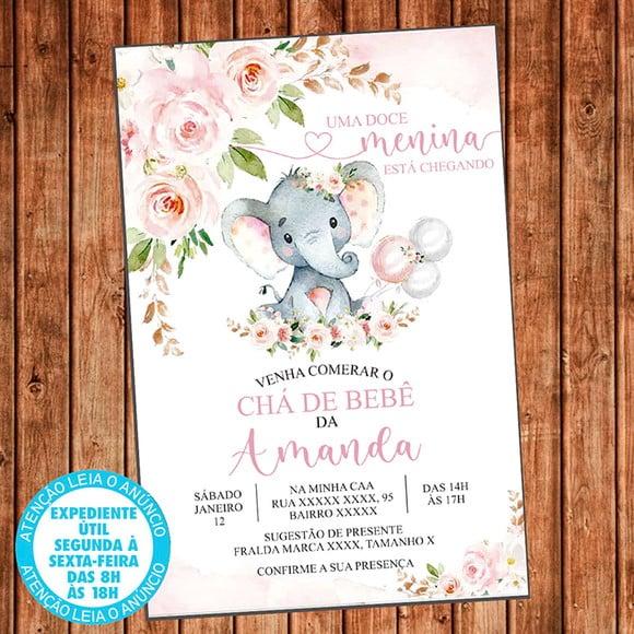 Convite Chá de Bebê Elefantinho Chá Fraldas Elefante Digital