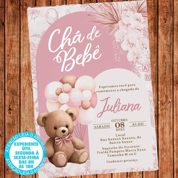 Convite Chá de Bebê Ursinha Balões Rosa Chá Fraldas Dig.