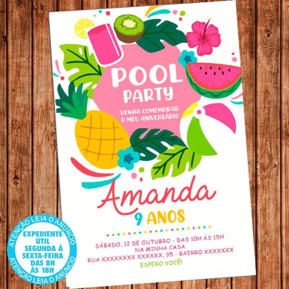 Convite Festa Piscina Pool Party Frutas Aniversário Digital