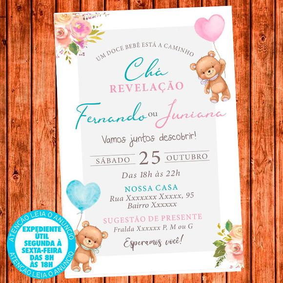 Convite Chá Revelação Ursinhos Rosa e Azul Digital