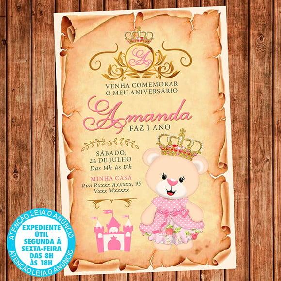 Convite Aniversário Ursinha Princesa Festa Digital