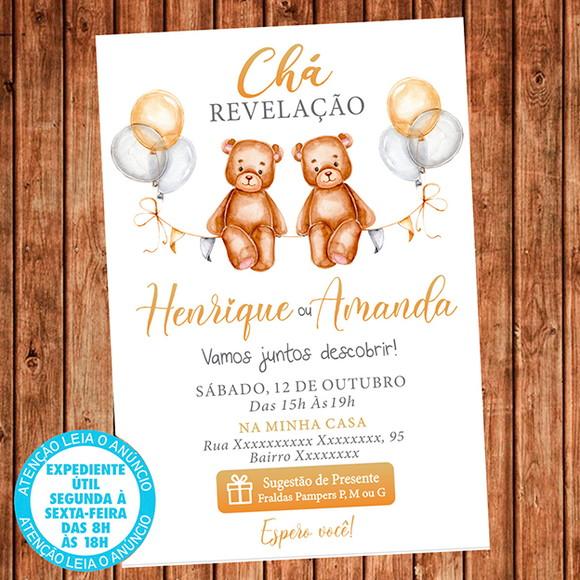 Convite Chá Revelação Ursinhos Balões Digital