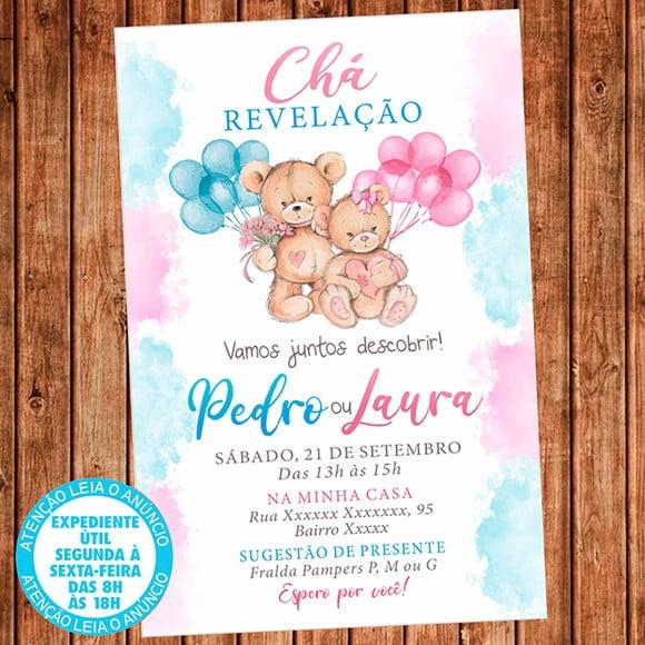 Convite Chá Revelação Ursinho Urso Digital