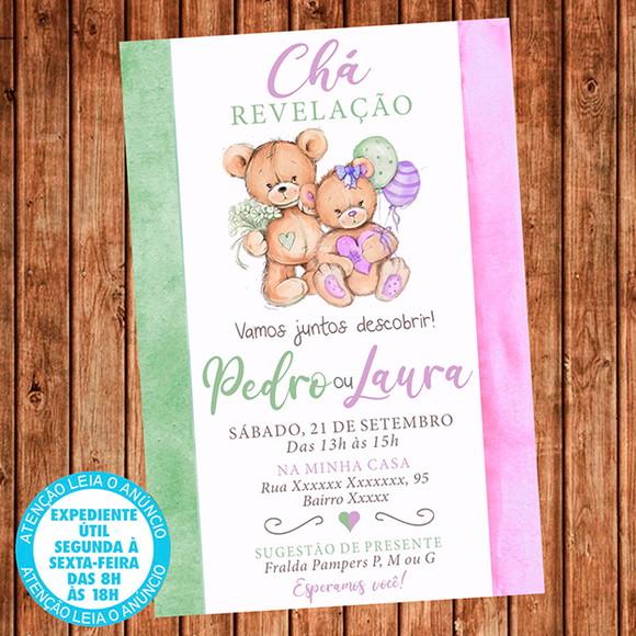 Convite Chá Revelação Ursinhos Balão Digital