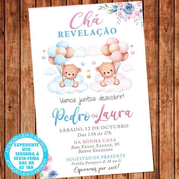 Convite Chá Revelação Ursinhos Digital