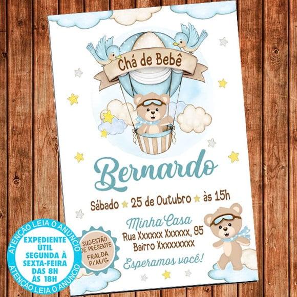 Convite Chá de Bebê Ursinho Balão Chá Fraldas Digital
