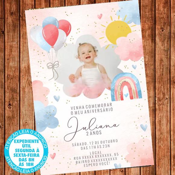 Convite Nuvem Arco Iris Rosa Aniversário Com Foto Digital