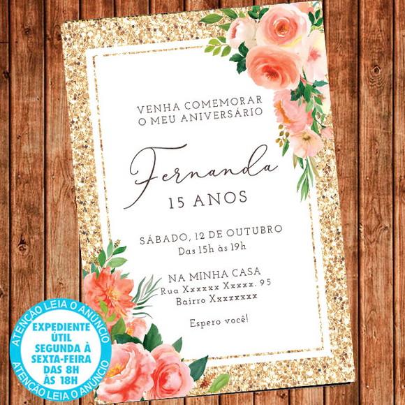 Convite Floral Festa Aniversário Dourado Digital