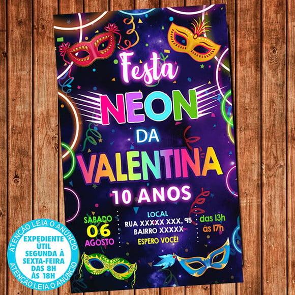 Convite Festa Neon Aniversário Carnaval Digital