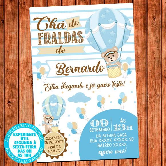Convite Cha de Bebe Ursinho Baloeiro Digital Cha de Fraldas