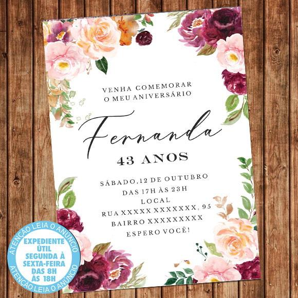 Convite Floral Aniversário Flores Rosas Festa Digital