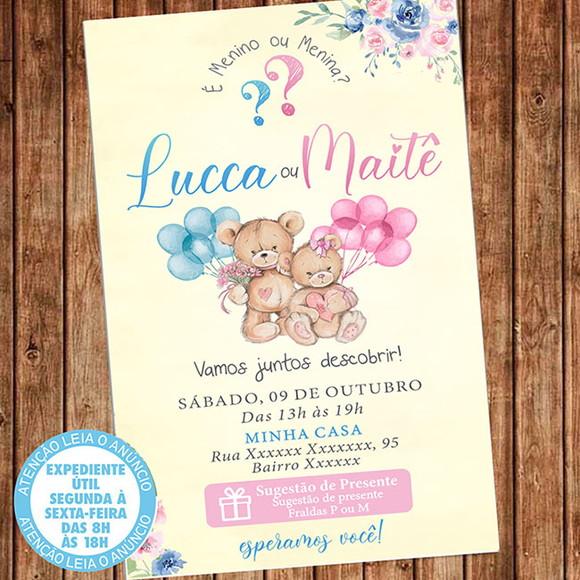 Convite Chá Revelação Ursinhos Urso Azul e Rosa Digital