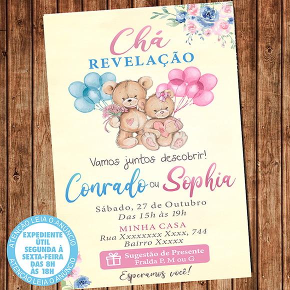 Convite Chá Revelação Ursinhos Urso Azul e Rosa Digital