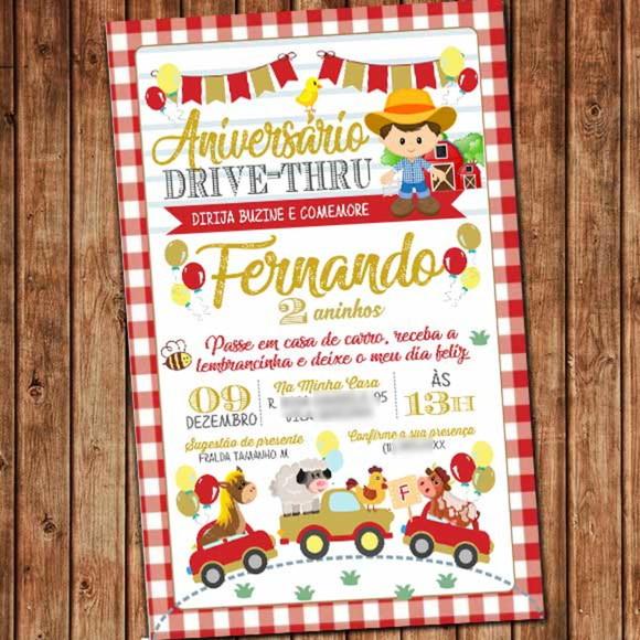Convite Fazendinha Aniversário drive-thru carreata Digital