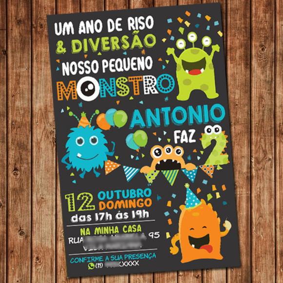 Convite Monstro Aniversário Festa Digital