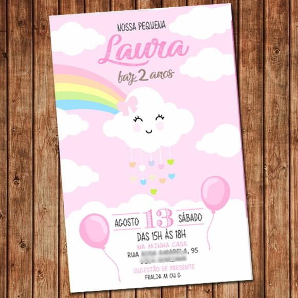 Convite Nuvem Arco Iris Rosa Aniversário Digital