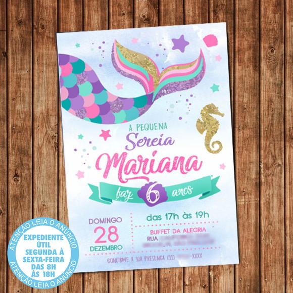 Convite Sereia Aniversário Festa Sereia Digital