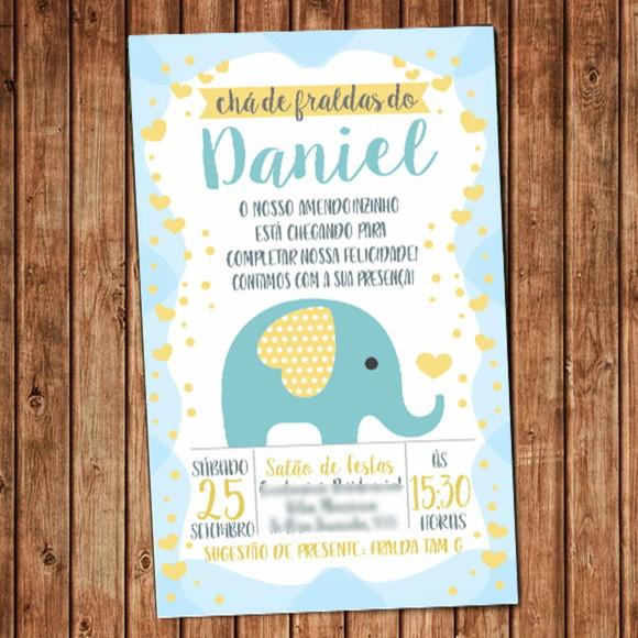 Convite Elefante Chá de Fraldas Elefantinho Digital Azul
