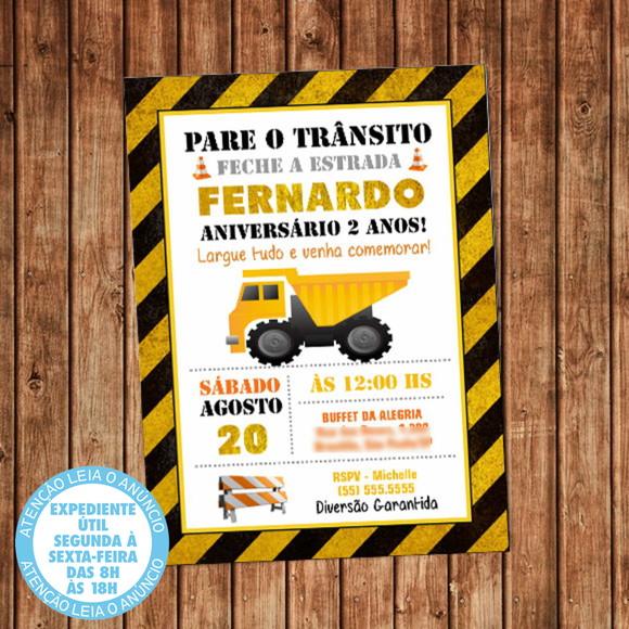 Convite Construção Caminhão Aniversário Digital