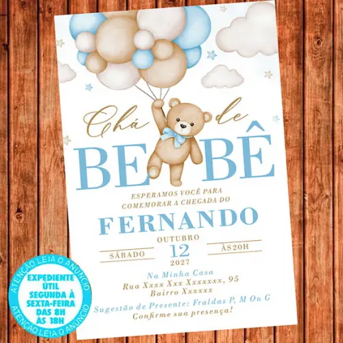 Convite Cha de Bebe Ursinho Balões Digital Cha de Fralda