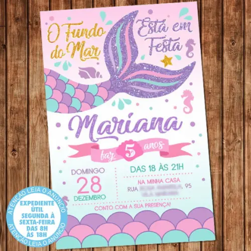 Convite Sereia Aniversário Festa Sereia Digital