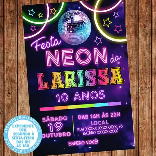 Convite Festa Neon Aniversário Neon Digital