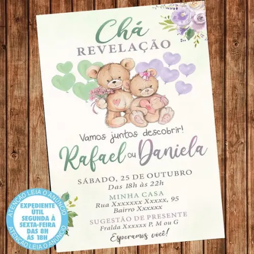 Convite Chá Revelação Ursinhos Urso Verde e Lilás Digital