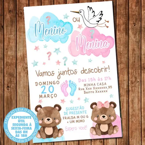 Convite Chá Revelação Ursinhos Digital