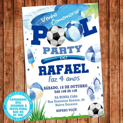 Convite Festa Piscina Futebol Pool Party Aniversário Digital