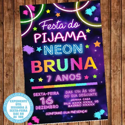 Convite Festa do Pijama Neon Aniversário Balada Digital