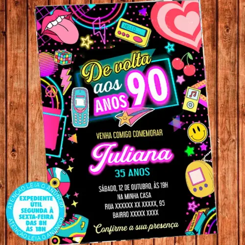 Convite Anos 90 Aniversário - Festa Anos 90 Digital