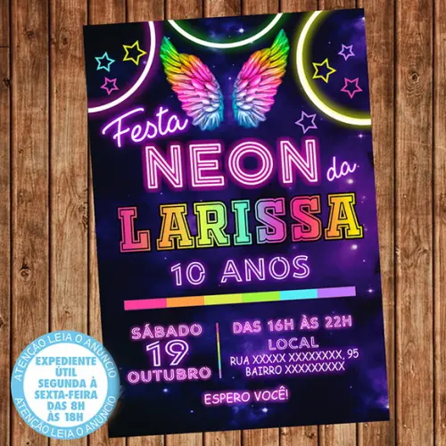 Convite Asas Coloridas Festa Neon Anjo Aniversário Festa