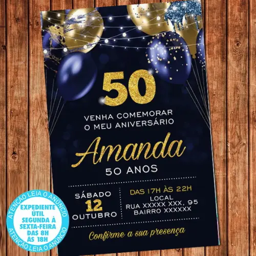 Convite Azul e Dourado Balões Festa Aniversário Virtual 2