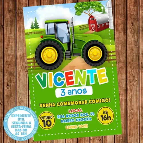 Convite Trator Aniversário Fazenda Festa Digital