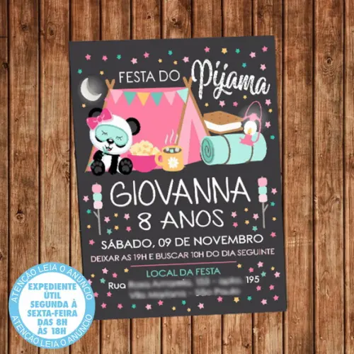 Convite Pandinha Panda Festa do Pijama Aniversário Digital