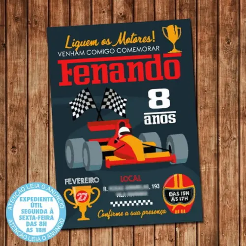 Convite Corrida Carro Aniversário Kart Digital