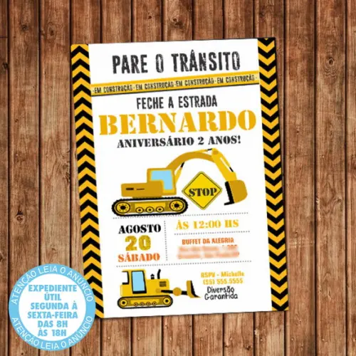 Convite Escavadeira Construção Aniversário Digital