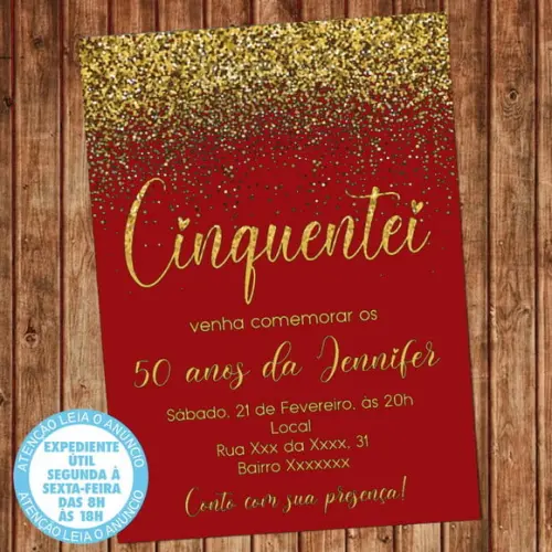 Convite 50 Anos Aniversário Vermelho e Dourado