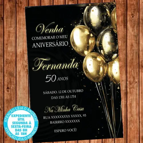 Convite Balões Aniversário Dourado Festa 15 30 40 50 60 Anos